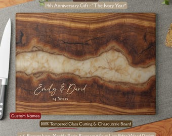 Personalized 14th Anniversary Gift, Ivory Inspired *Glass* Cutting Board, 14 Year Wedding Keepsake, Ivory Year Gift, Faux Resin Wood Design