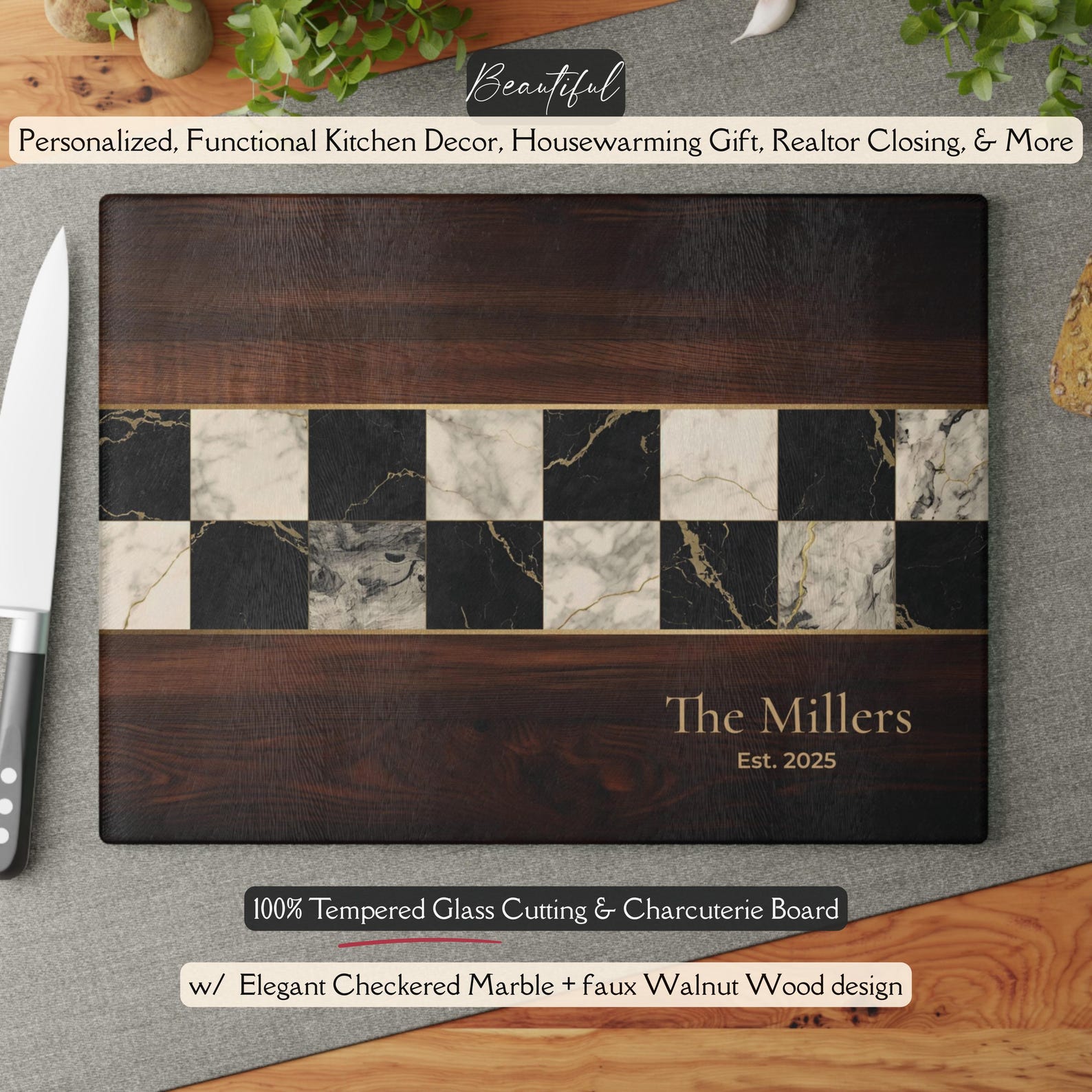 Personalized Black-Ivory Marble Checkerboard *Glass* Cutting Board, Personalized Family Name Board Custom Housewarming Gift for Couple