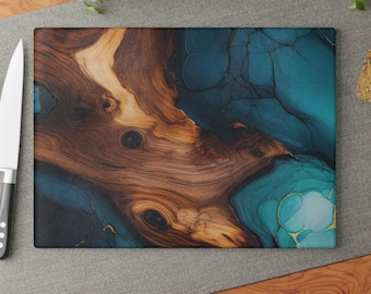 Gorgeous Unique Cutting & Serving Board - Teal Ocean Blue and Dark Wood design - Glass Cutting Board | Housewarming Gift | Wedding Gift