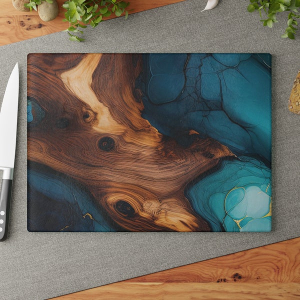 Gorgeous Unique Cutting & Serving Board - Teal Ocean Blue and Dark Wood design - Glass Cutting Board | Housewarming Gift | Wedding Gift