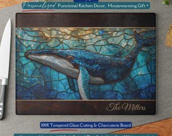Personalized Humpback Whale *Glass* Cutting Board, Ocean Stained Glass Inspired Charcuterie, Coastal Kitchen, Whale Lover Gift, Ocean Wave