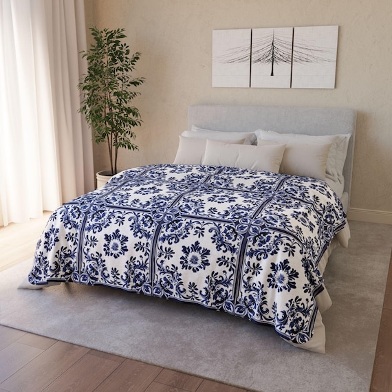 Delft Blue-Design Fleece Sherpa Decke, Blau Weiß Floral Delft Blue Tile Style Decke, Blau Delft Decor, Geschenk für Oma