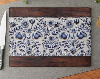 Beautiful Cutting & Serving Board, Delft Blue with Wood Trim design Glass Cutting Board Charcuterie Board Housewarming Gift for Oma Holland