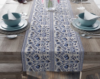 Beautiful Delft Blue design Table Runner Vintage Table Runner Botanical Table Runner Tulip Floral Spring Linens Table Decor