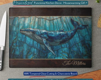 Personalized Humpback Whale *Glass* Cutting Board, Ocean Stained Glass Inspired Charcuterie, Coastal Kitchen, Whale Lover Gift, Ocean Wave