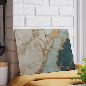 50th Anniversary Gold & Teal Marble-design *Glass* Cutting Board, 50 Years Charcuterie Board Faux Marble 50th Gift Serving Tray Cheeseboard image 3