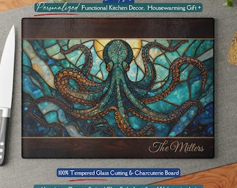 Personalized Octopus *Glass* Cutting Board, Ocean Stained Glass Inspired Charcuterie, Coastal Kitchen, Ocean Life Gift, Ocean Wave