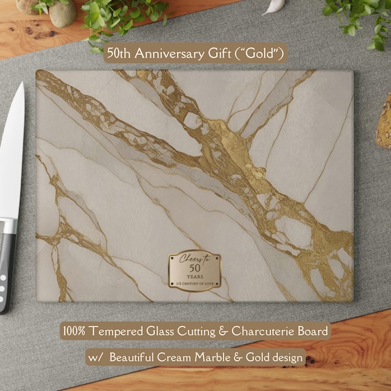 50th Anniversary Gold & Cream Marble-design *Glass* Cutting Board, Charcuterie Board Faux Marble Serving Board Cheeseboard 50th Wedding Gift