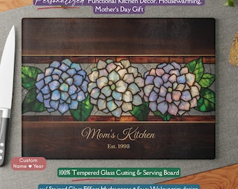 Personalized Mom's Kitchen Stained Glass-Inspired Hydrangea Cutting Board, Custom Floral Glass Decor Gift for Gardeners Nature Lover Gift