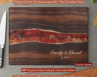 Personalized 17th Carnelian Anniversary Gift 17th Anniversary *Glass* Cutting & Charcuterie Faux Carnelian-Wood Cheeseboard, Couple 17 Years