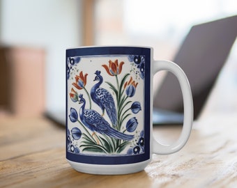 Beautiful Delft Blue-design Mug 15oz | Peacocks and Tulip design | Gift for Her | Gift for Oma | Gift for Mom