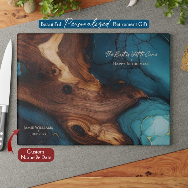 Personalized Retirement Gift Cutting Board, Gorgeous Unique Personalized *Glass* Charcuterie Board Gift Teal Ocean Blue and Dark Wood-design