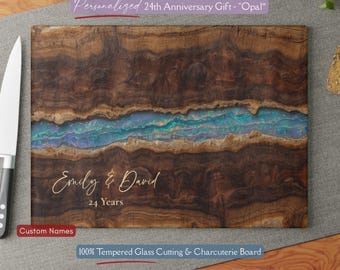 Beautiful Personalized 24th Anniversary Gift, Opal Inspired *Glass* Cutting Board, 24 Year Wedding Keepsake Opal Year Gift Faux Wood