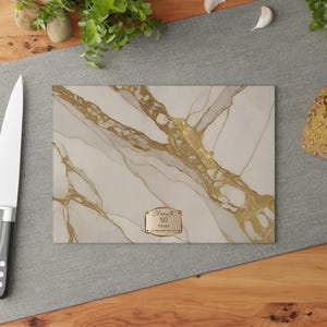 50th Anniversary Gold & Cream Marble-design *Glass* Cutting Board, Charcuterie Board Faux Marble Serving Board Cheeseboard 50th Wedding Gift image 2