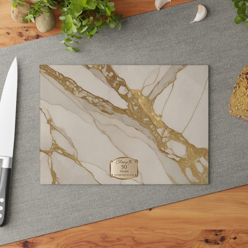 50th Anniversary Gold & Cream Marble-design *Glass* Cutting Board, Charcuterie Board Faux Marble Serving Board Cheeseboard 50th Wedding Gift image 2