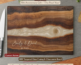 Personalized 30th Anniversary Gift, Pearl Inspired *Glass* Cutting Board, 30 Year Wedding Keepsake, Pearl Year Gift, Faux Resin Wood Design