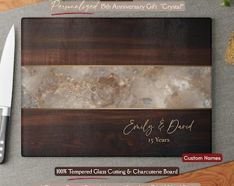Personalized 15th Anniversary Gift, Crystal Inspired *Glass* Cutting Board, 15 Year Wedding Keepsake, Crystal Year Gift, Faux Resin Wood