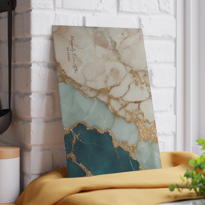50th Anniversary Gold & Teal Marble-design *Glass* Cutting Board, 50 Years Charcuterie Board Faux Marble 50th Gift Serving Tray Cheeseboard image 5
