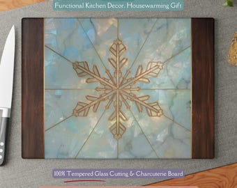 Beautiful Holiday Glass Cutting Board, Opal Mosaic Snowflake Kitchen Décor, Christmas Hostess Gift Serving Board Winter Housewarming Gift