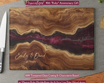 Personalized 40th Anniversary Gift, Red Ruby Inspired *Glass* Cutting Board, 40 Year Custom Name Wedding Keepsake Ruby Year Gift Faux Wood