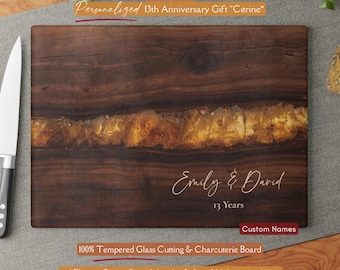 Beautiful 13th "Citrine" Anniversary Gift, Personalized Name Citrine *Glass* Cutting Board, Charcuterie Tray Citrine 13 Years Cheeseboard
