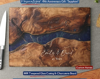 Beautiful Personalized 45th Anniversary Gift, Sapphire Inspired *Glass* Cutting Board 45 Year Wedding Keepsake Sapphire Year Gift Faux Wood