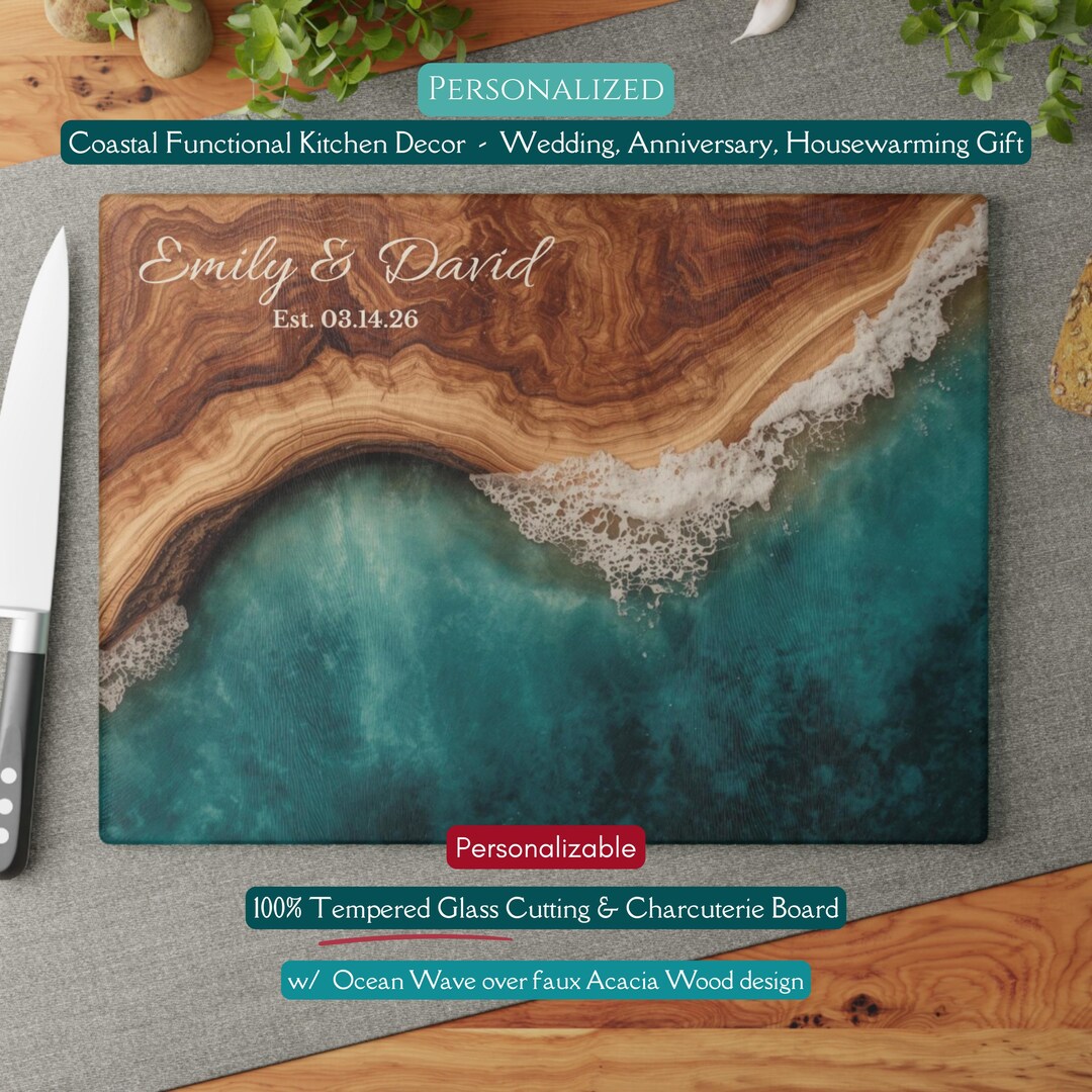 Ocean Wave Glass Cutting Board Personalized, Beach Wedding Gift, Teal ...