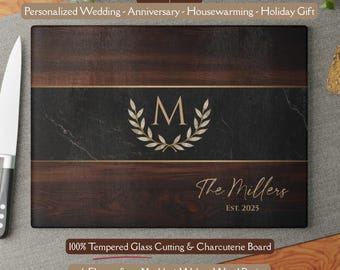 Custom *Glass* Cutting Board, Family Name Monogram Board, Holiday, Wedding & Anniversary Gift, Personalized Name faux Marble Christmas Gift