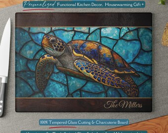 Personalized Sea Turtle *Glass* Cutting Board, Ocean Stained Glass Inspired Charcuterie, Coastal Kitchen, Turtle Lover Gift, Ocean Wave