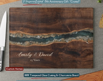 Personalized 15th Anniversary Gift, Crystal Inspired *Glass* Cutting Board, 15 Year Wedding Keepsake, Crystal Year Gift, Faux Resin Wood