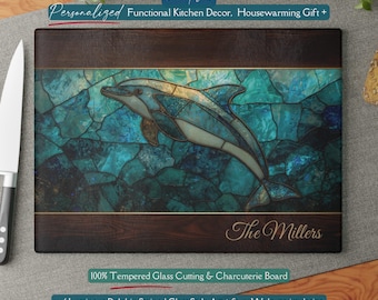 Personalized Dolphin *Glass* Cutting Board, Ocean Stained Glass Inspired Charcuterie, Coastal Kitchen, Ocean Life Gift, Ocean Wave
