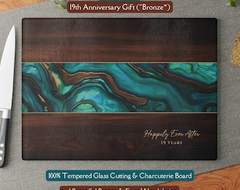 19th "Bronze" Anniversary Gift, *Glass* Cutting & Charcuterie Board, Couple 19th Anniversary Gift Cheeseboard, Bronze Swirl Teal Resin Look
