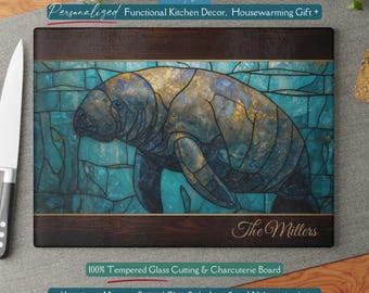 Personalized Manatee *Glass* Cutting Board, Ocean Stained Glass Inspired Charcuterie, Coastal Kitchen, Ocean Life Gift, Manatee Gifts