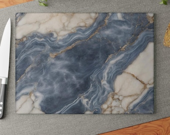 Blue Ocean Marble-Design Glass Cutting Board Charcuterie Board Housewarming Faux Marble Cheeseboard Ocean Blue Serving Tray, Blue Kitchen