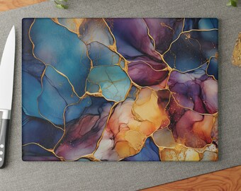 Gorgeous Luxury Cutting and Serving Board, Multicolor Stained Glass-Alcohol Ink design on Glass | Charcuterie Board | Housewarming Gift