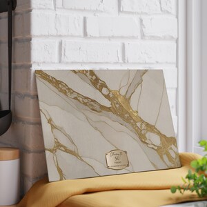50th Anniversary Gold & Cream Marble-design *Glass* Cutting Board, Charcuterie Board Faux Marble Serving Board Cheeseboard 50th Wedding Gift image 3