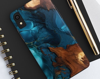 iPhone Cases Deep Teal, Blue + Wood-design Tough Phone Cases Epoxy Resin and Wood-look design Tough Phone Cases Gift Him Gift for Boyfriend