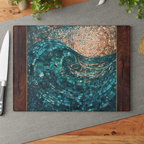 Beautiful Abstract Ocean Waves Teal Mosaic Tile-design Cutting & Serving Board, Aqua Blues Stained Glass Cutting Board, Charcuterie Serving
