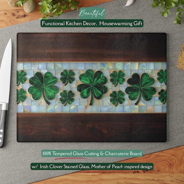Irish Stained Glass Style Cutting Board, Celtic Shamrock *Glass* Charcuterie Tray St. Patricks Day Gift, Emerald, Mother of Pearl Clover Art
