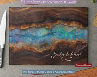 Beautiful Personalized 24th Anniversary Gift, Opal Inspired *Glass* Cutting Board, 24 Year Wedding Keepsake Opal Year Gift Faux Wood