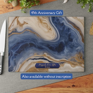 Sapphire-Colored Marble-Design Glass Cutting & Serving Board, 45th Wedding Anniversary Gift Blue Sapphire 45th Anniversary Charcuterie Tray