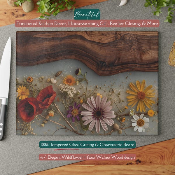 Beautiful Unique Wildflowers Epoxy-Inspired *Glass* Cutting & Serving Board Flower Cutting Board Floral Charcuterie Tray Housewarming Gift
