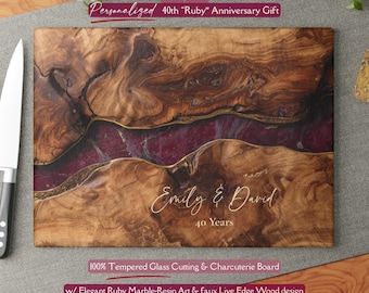 Beautiful Personalized 40th Anniversary Gift, Red Ruby Inspired *Glass* Cutting Board, 4 Year Wedding Keepsake Ruby Year Gift Faux Wood