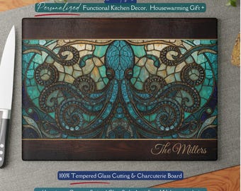 Personalized Octopus *Glass* Cutting Board, Ocean Stained Glass Inspired Charcuterie, Coastal Kitchen, Ocean Life Gift, Ocean Wave