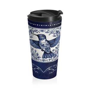 Beautiful Delft Blue Hummingbird-design Travel Mug 15oz | Gift for Her | Gift for Oma | Spring Floral Vintage Hummingbird Travel Mug Holland