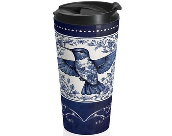 Beautiful Delft Blue Hummingbird-design Travel Mug 15oz | Gift for Her | Gift for Oma | Spring Floral Vintage Hummingbird Travel Mug Holland