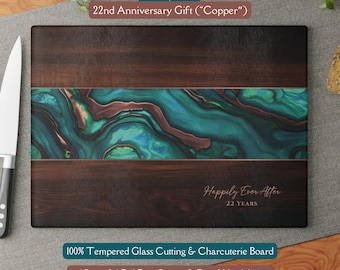 22nd "Copper" Anniversary Gift, *Glass* Cutting & Charcuterie Board, Couple 22nd Anniversary Gift Cheeseboard, Copper Swirl Teal Resin Look