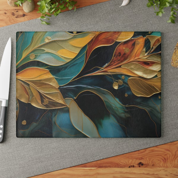 Beautiful Cutting & Serving Board - Amber Gold and Teal Blue Leaves design - Glass Cutting Board | Charcuterie Board | Housewarming Gift