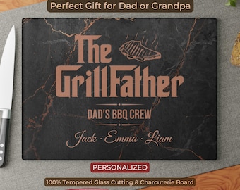 Personalized Grillfather *Glass* Cutting Board, Funny Father's Day Gift for Dad, Grandpa Custom BBQ Board with Kids Names, Grill Master Gift