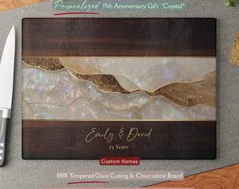 Personalized 15th Anniversary Gift, Crystal Inspired *Glass* Cutting Board, 15 Year Wedding Keepsake Crystal Year Gift Crystal Art Faux Wood
